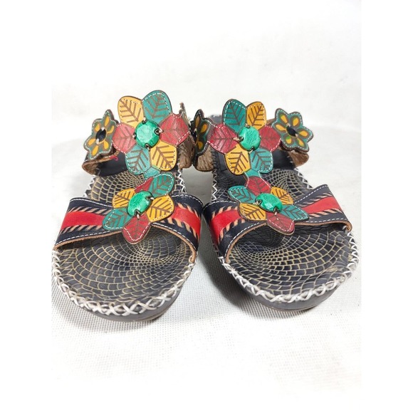 Spring Step L'Artiste Leather Wedge Sandals Vergie Red Floral Colorful-Size 40 - Picture 2 of 9